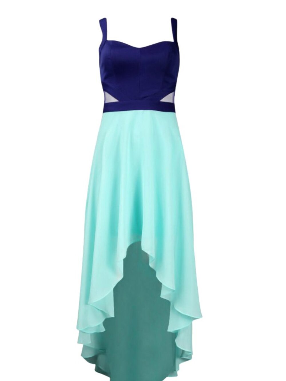 Hailey Logan Scuba Bodice Illusion Cutout Two-Tone High-Low Dress